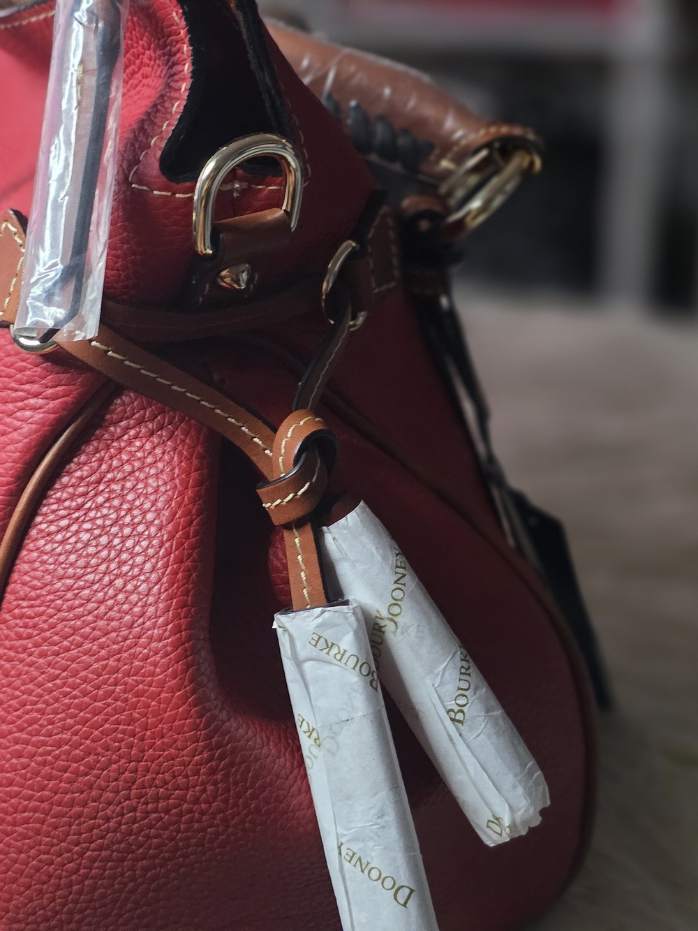 Dooney & Bourke Red Pebble Leather Satchel with Tan Trim and Gold Hardware - Picture 4 of 8